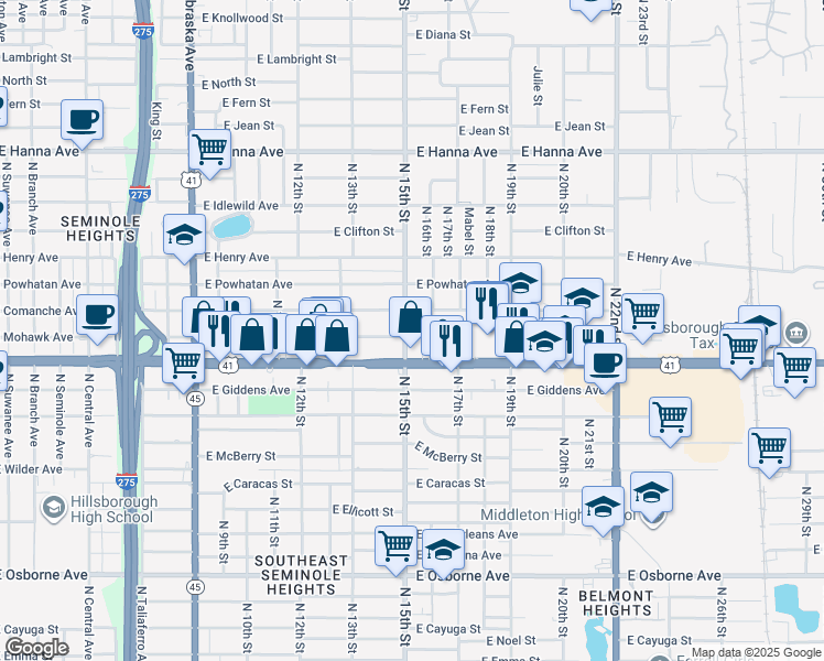 map of restaurants, bars, coffee shops, grocery stores, and more near 1429 East Comanche Avenue in Tampa