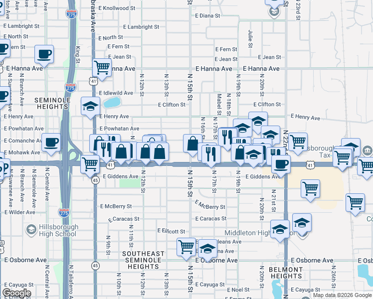 map of restaurants, bars, coffee shops, grocery stores, and more near 5500-5598 North 15th Street in Tampa