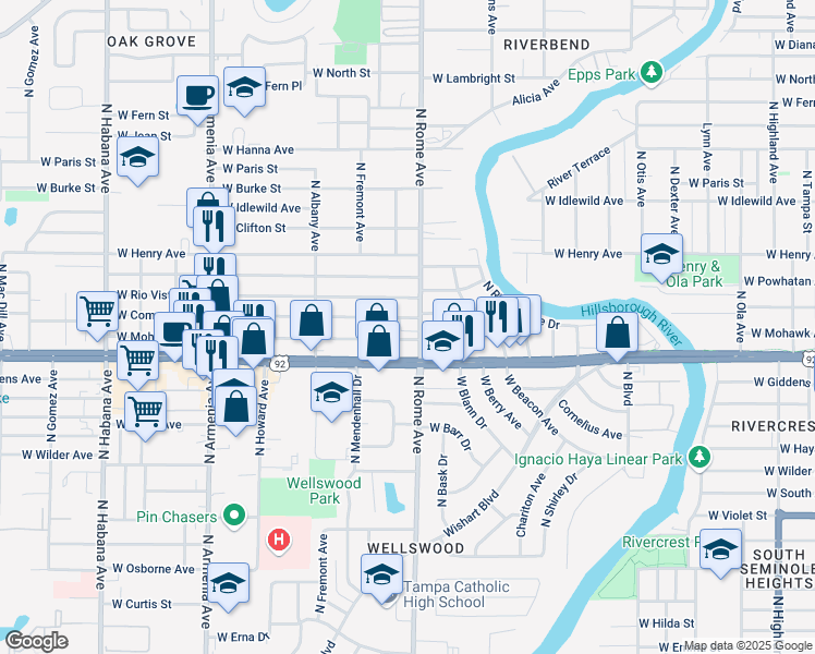 map of restaurants, bars, coffee shops, grocery stores, and more near 5509 North Rome Avenue in Tampa