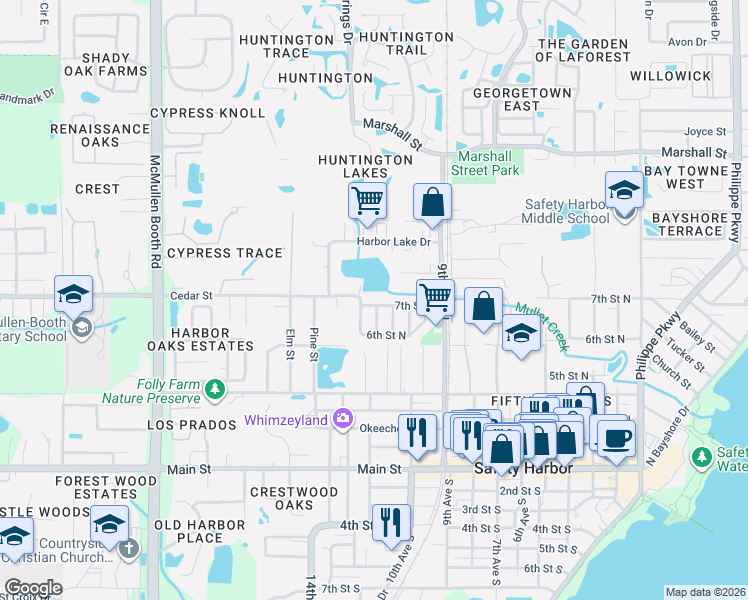 map of restaurants, bars, coffee shops, grocery stores, and more near 1155 7th Street North in Safety Harbor