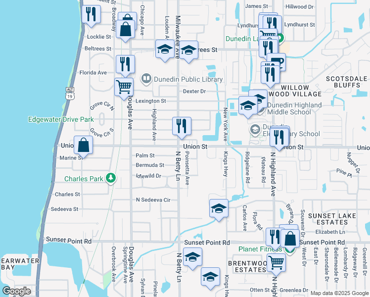 map of restaurants, bars, coffee shops, grocery stores, and more near in Dunedin