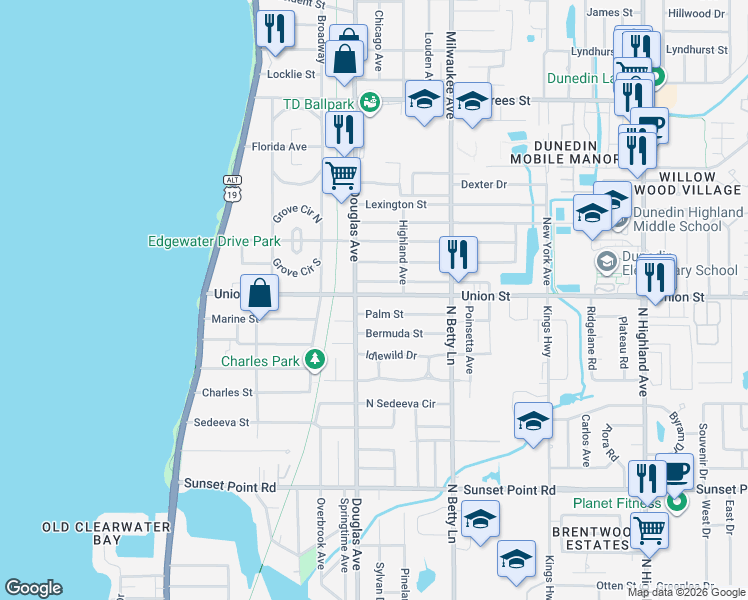 map of restaurants, bars, coffee shops, grocery stores, and more near 441 Norfolk Street in Dunedin