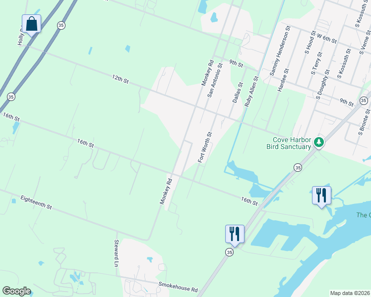 map of restaurants, bars, coffee shops, grocery stores, and more near 2303 San Antonio Street in Rockport