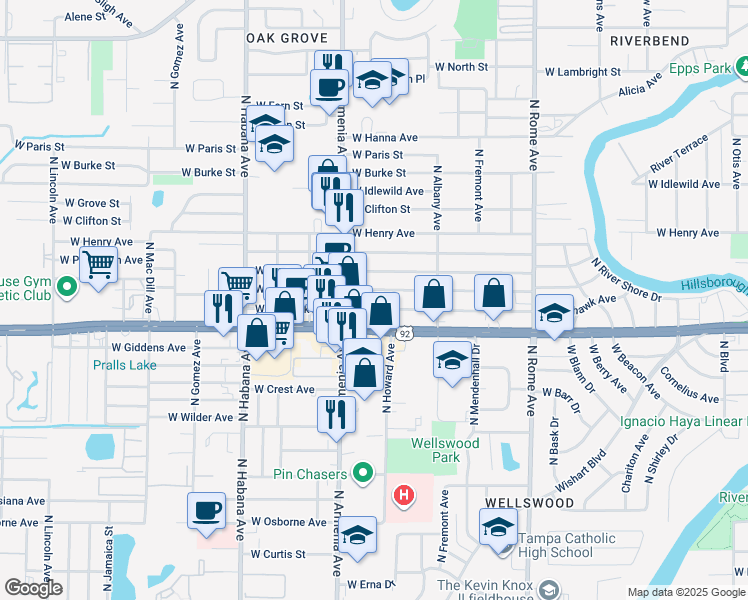 map of restaurants, bars, coffee shops, grocery stores, and more near 2333 West Hillsborough Avenue in Tampa
