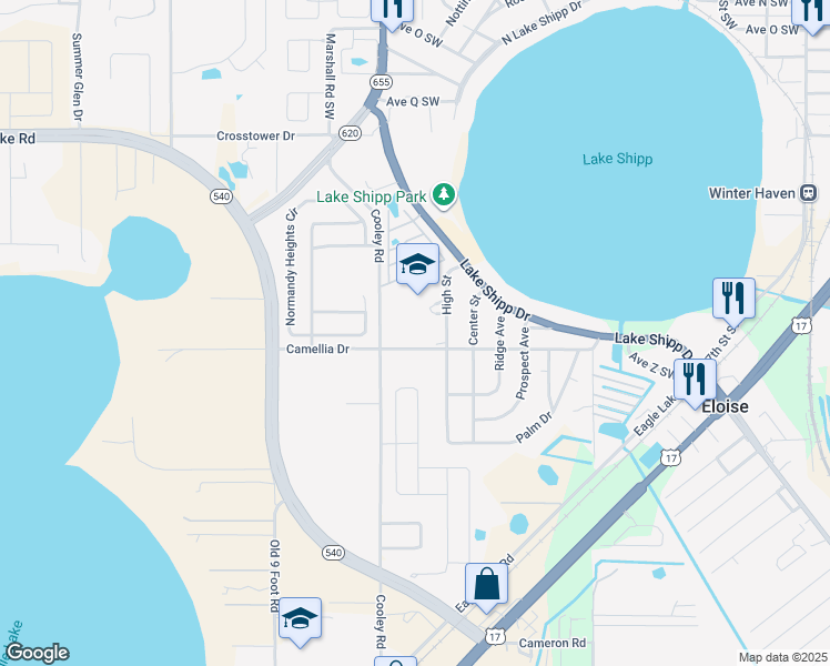map of restaurants, bars, coffee shops, grocery stores, and more near 250 Camellia Drive Southwest in Winter Haven