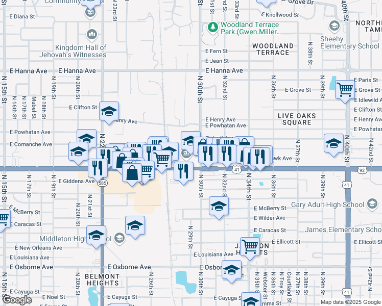 map of restaurants, bars, coffee shops, grocery stores, and more near 2934 East Hillsborough Avenue in Tampa