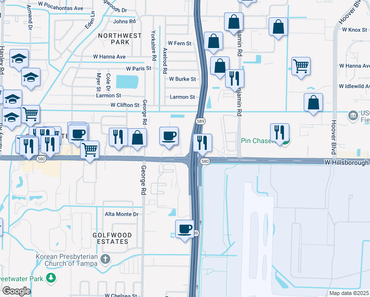 map of restaurants, bars, coffee shops, grocery stores, and more near 5401 Beaumont Center Boulevard in Tampa