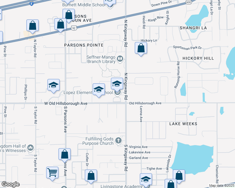 map of restaurants, bars, coffee shops, grocery stores, and more near 200 North Kingsway Road in Seffner
