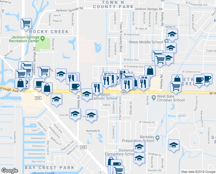 map of restaurants, bars, coffee shops, grocery stores, and more near 8001 West Hillsborough Avenue in Tampa