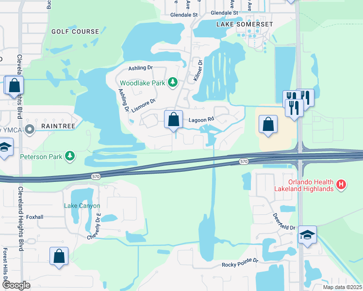 map of restaurants, bars, coffee shops, grocery stores, and more near 1563 Turtle Rock Court in Lakeland