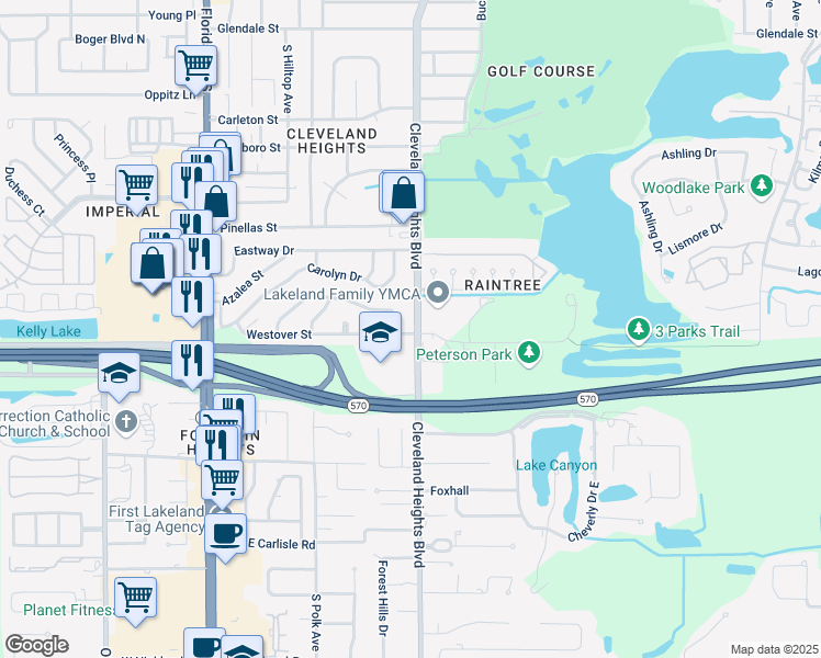 map of restaurants, bars, coffee shops, grocery stores, and more near 3631 Cleveland Heights Boulevard in Lakeland