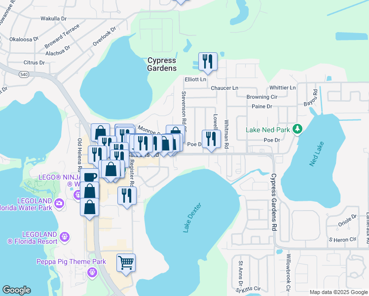 map of restaurants, bars, coffee shops, grocery stores, and more near 120 Tremont Drive in Cypress Gardens
