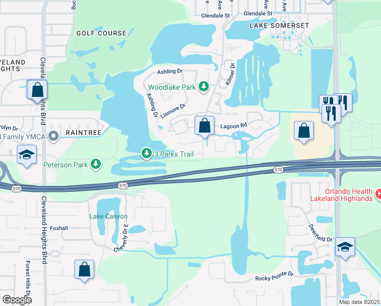 map of restaurants, bars, coffee shops, grocery stores, and more near 1557 Turtle Rock Court in Lakeland