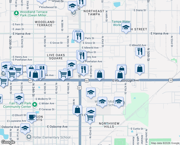 map of restaurants, bars, coffee shops, grocery stores, and more near 4101 East Comanche Avenue in Tampa
