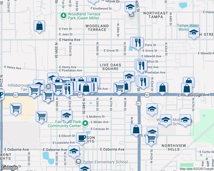 map of restaurants, bars, coffee shops, grocery stores, and more near 3621 East Comanche Avenue in Tampa