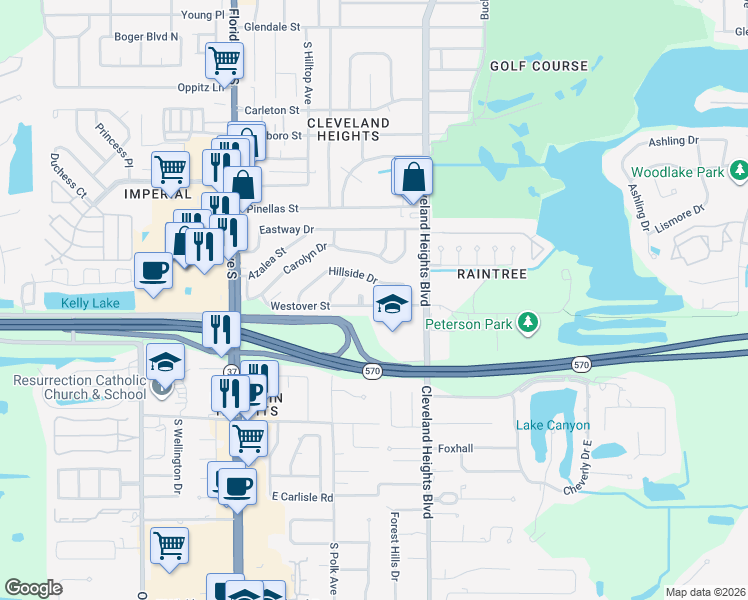 map of restaurants, bars, coffee shops, grocery stores, and more near 516 Westover Street in Lakeland