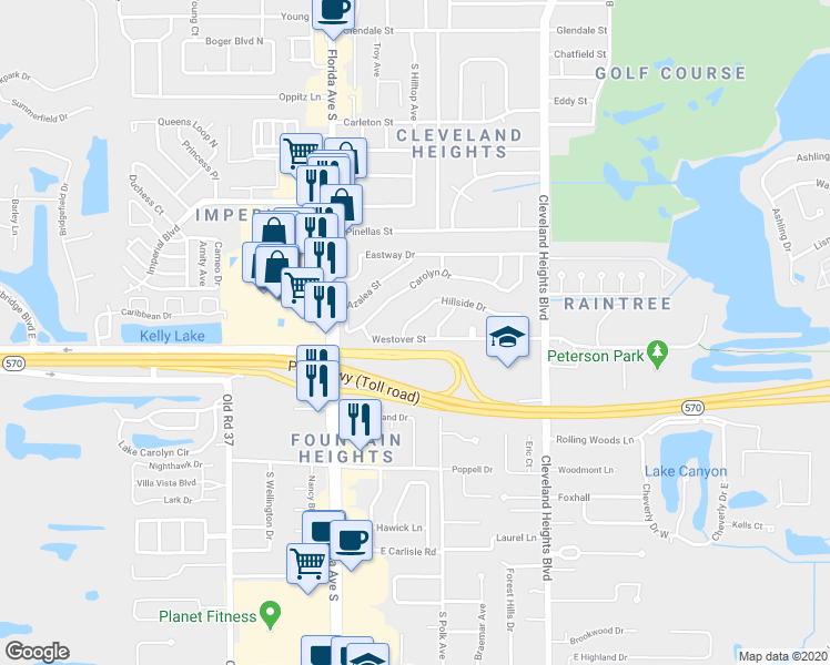 map of restaurants, bars, coffee shops, grocery stores, and more near 217 Hillside Drive in Lakeland