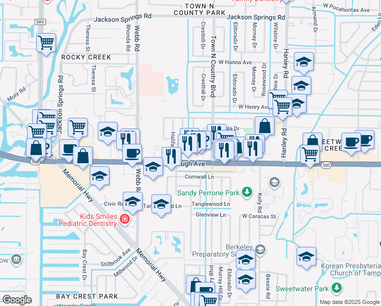 map of restaurants, bars, coffee shops, grocery stores, and more near 8001 West Hillsborough Avenue in Tampa