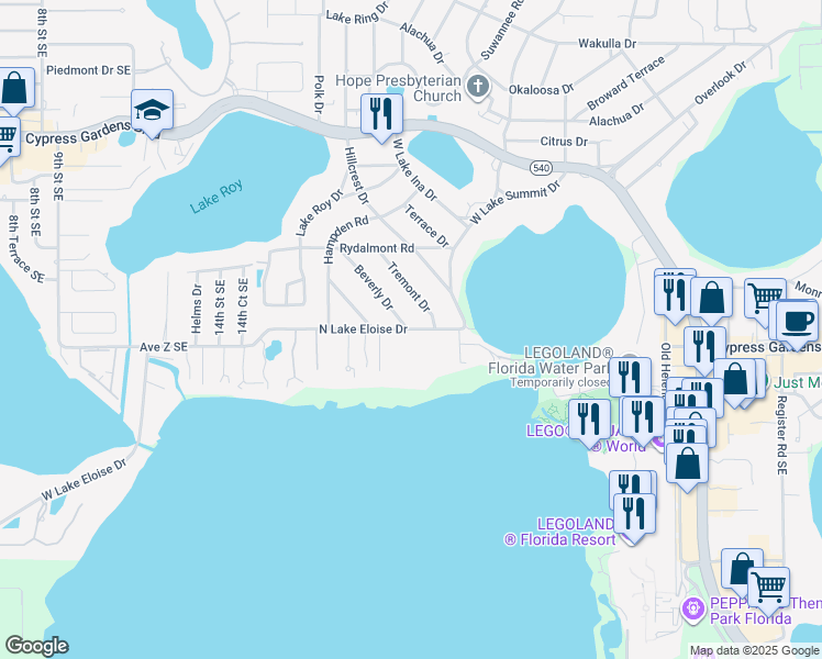 map of restaurants, bars, coffee shops, grocery stores, and more near 1909 North Lake Eloise Drive in Winter Haven