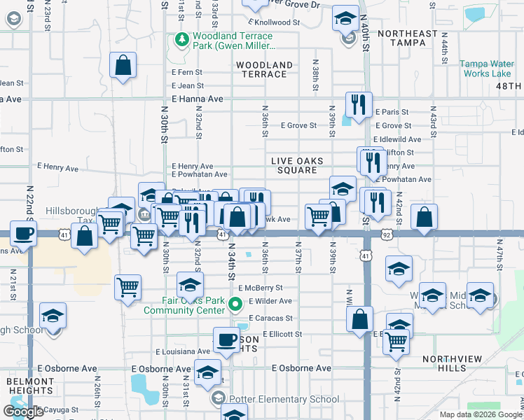 map of restaurants, bars, coffee shops, grocery stores, and more near 3515 East Comanche Avenue in Tampa