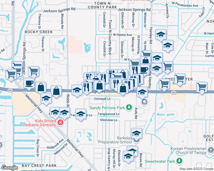 map of restaurants, bars, coffee shops, grocery stores, and more near 5416 Town N Country Boulevard in Tampa