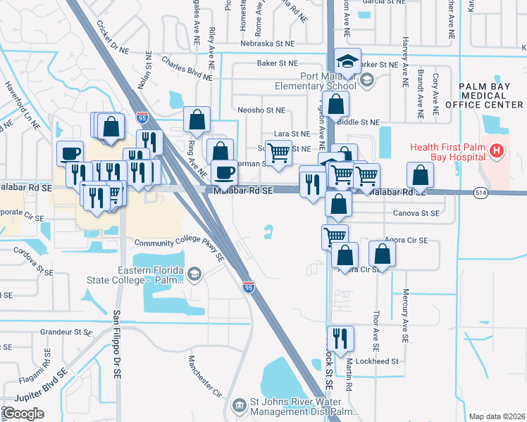 map of restaurants, bars, coffee shops, grocery stores, and more near 1202 Malabar Road Northeast in Palm Bay