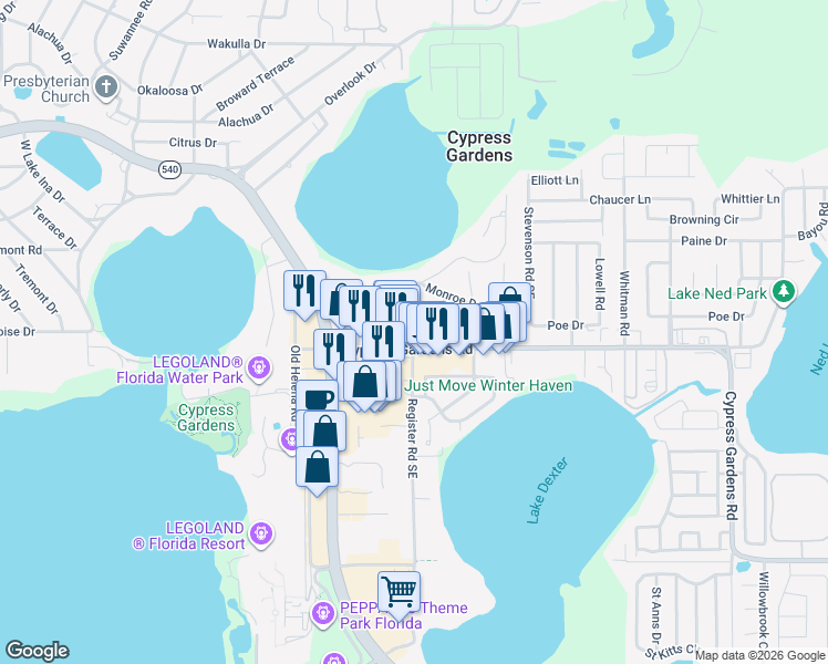 map of restaurants, bars, coffee shops, grocery stores, and more near 105 Buchanan Drive in Winter Haven