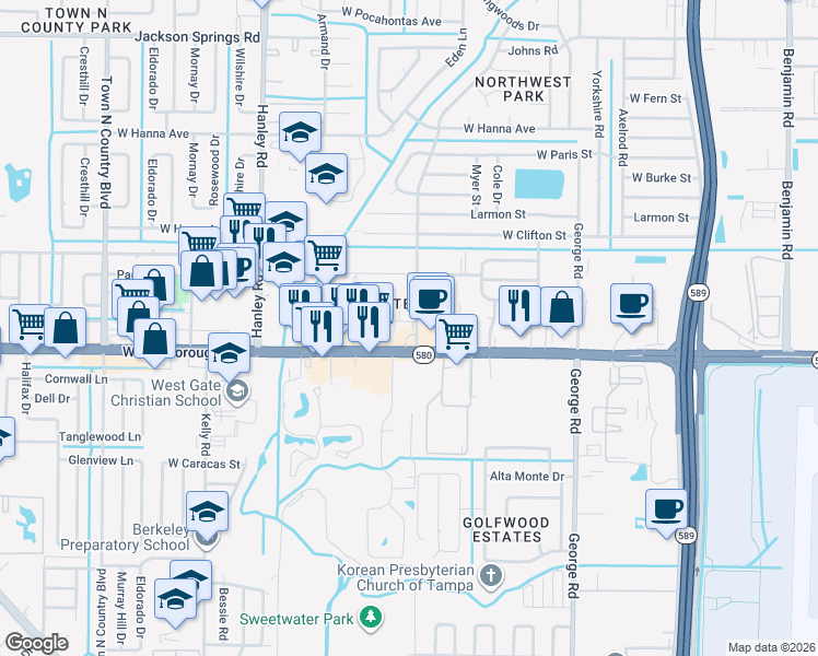 map of restaurants, bars, coffee shops, grocery stores, and more near 5412 Sawyer Road in Tampa