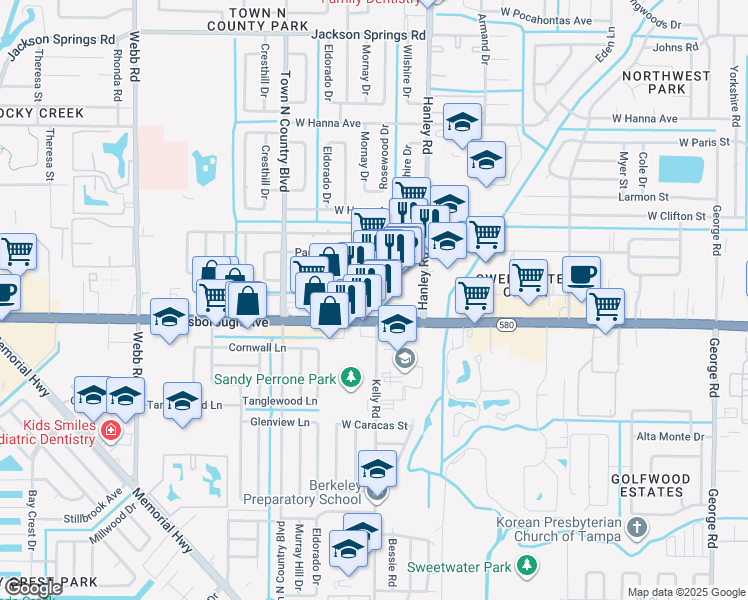 map of restaurants, bars, coffee shops, grocery stores, and more near 7575 West Hillsborough Avenue in Tampa