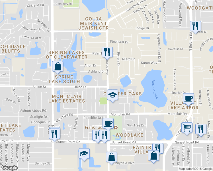 map of restaurants, bars, coffee shops, grocery stores, and more near 2110 Union Street in Clearwater