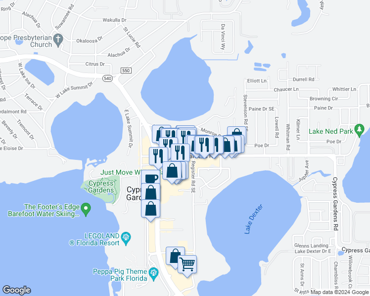 map of restaurants, bars, coffee shops, grocery stores, and more near 80 Tyler Road in Winter Haven