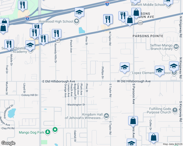 map of restaurants, bars, coffee shops, grocery stores, and more near 1241 Florablu Drive in Seffner