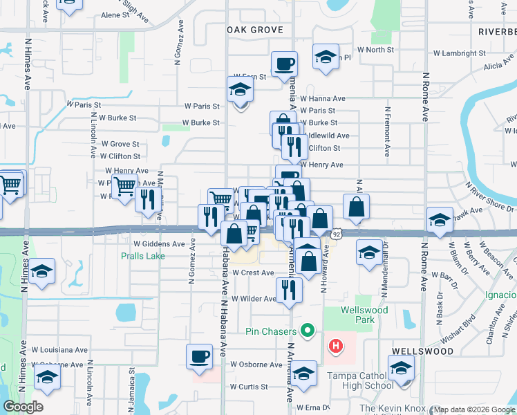 map of restaurants, bars, coffee shops, grocery stores, and more near 2610 West Comanche Avenue in Tampa
