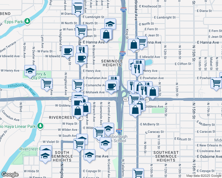 map of restaurants, bars, coffee shops, grocery stores, and more near 5505 North Central Avenue in Tampa