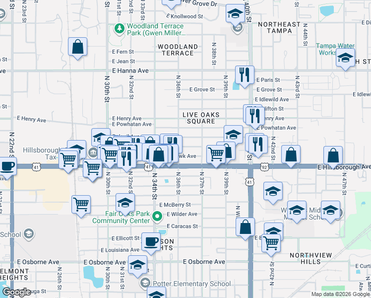 map of restaurants, bars, coffee shops, grocery stores, and more near 3607 East Comanche Avenue in Tampa