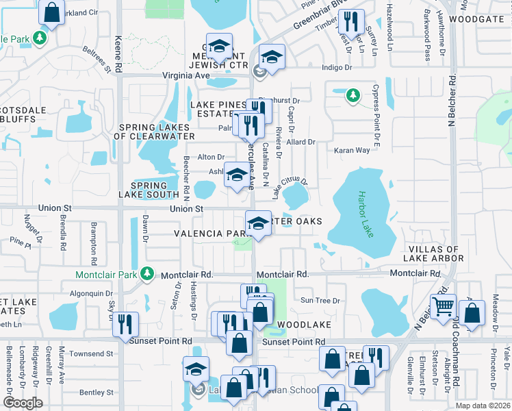 map of restaurants, bars, coffee shops, grocery stores, and more near 2101 North Hercules Avenue in Clearwater