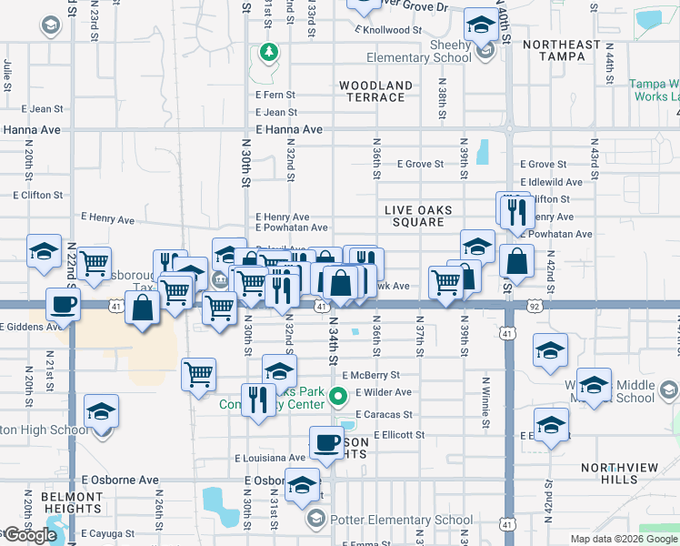 map of restaurants, bars, coffee shops, grocery stores, and more near 3405 East Comanche Avenue in Tampa