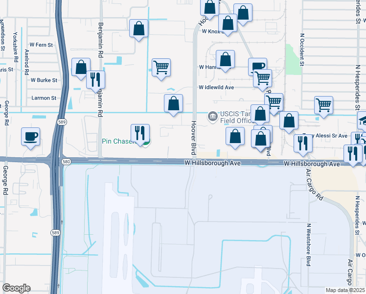 map of restaurants, bars, coffee shops, grocery stores, and more near 5406 Hoover Boulevard in Tampa