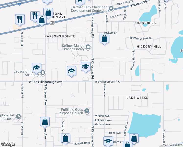 map of restaurants, bars, coffee shops, grocery stores, and more near 200 North Kingsway Road in Seffner