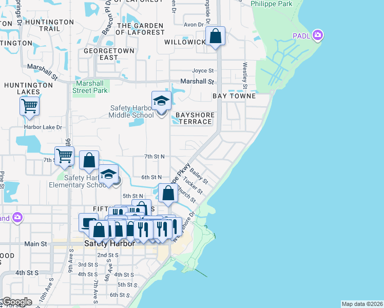 map of restaurants, bars, coffee shops, grocery stores, and more near in Safety Harbor