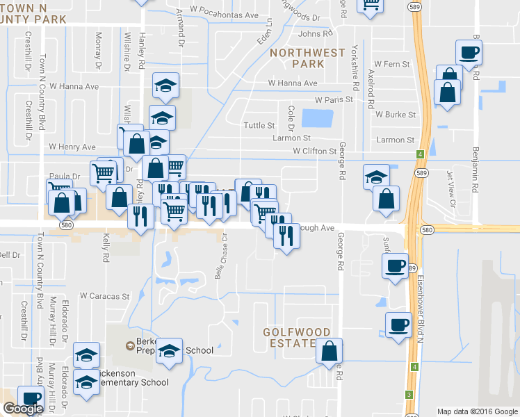 map of restaurants, bars, coffee shops, grocery stores, and more near 5420 Daniels Road in Tampa