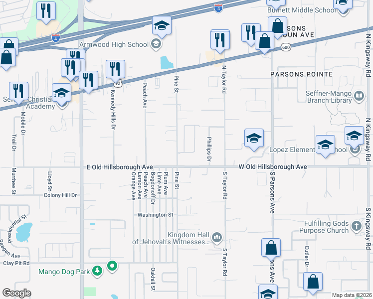 map of restaurants, bars, coffee shops, grocery stores, and more near 1241 Florablu Drive in Seffner