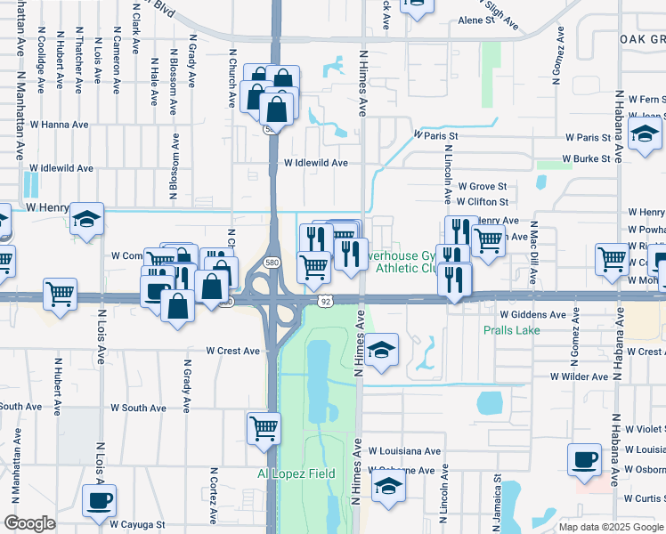 map of restaurants, bars, coffee shops, grocery stores, and more near 3671 West Hillsborough Avenue in Tampa