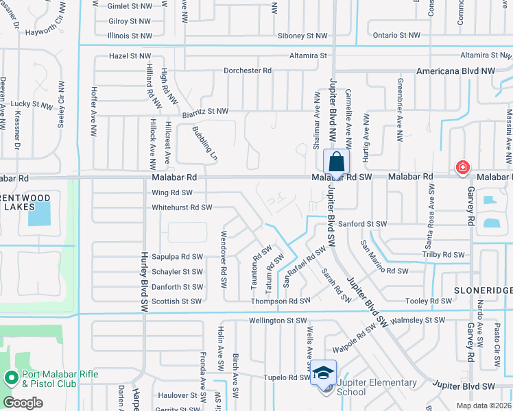 map of restaurants, bars, coffee shops, grocery stores, and more near 1059 Wing Road Southwest in Palm Bay