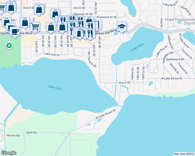 map of restaurants, bars, coffee shops, grocery stores, and more near 2109 9th Street Southeast in Winter Haven