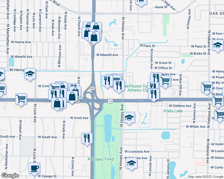 map of restaurants, bars, coffee shops, grocery stores, and more near 3671 West Hillsborough Avenue in Tampa