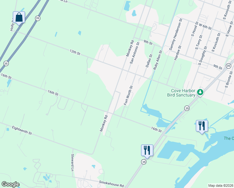 map of restaurants, bars, coffee shops, grocery stores, and more near 2303 San Antonio Street in Rockport