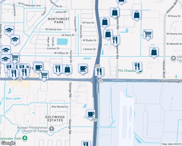 map of restaurants, bars, coffee shops, grocery stores, and more near 5401 Beaumont Center Boulevard in Tampa