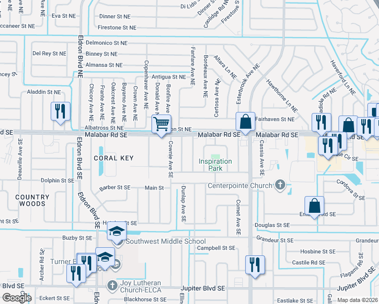map of restaurants, bars, coffee shops, grocery stores, and more near 146 Lehigh Avenue Southeast in Palm Bay