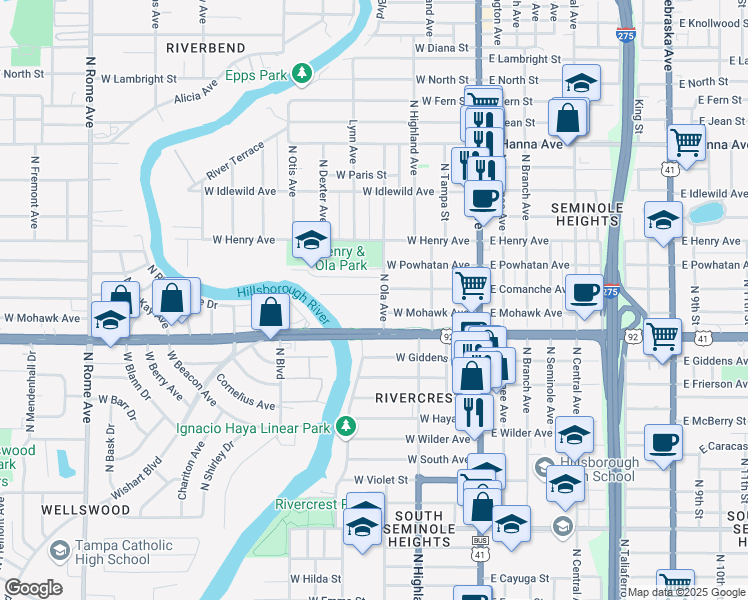 map of restaurants, bars, coffee shops, grocery stores, and more near 306 West Comanche Avenue in Tampa